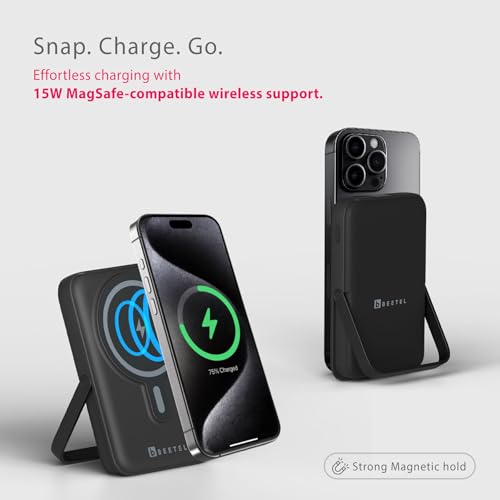 Image of Beetel MagVibe Series WS01 Magsafe 10000mAh Magnetic 15W Wireless Power Bank with Stand for Apple iPhone, Samsung, OnePlus, All Smartphones| Qi Enabled Devices | 3M Ring In Box | Premium Finish| Black