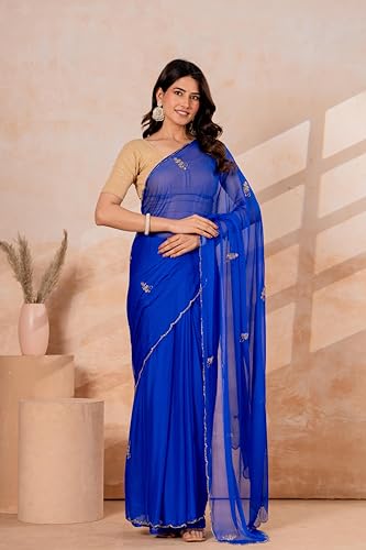 Image of Chiffon Saree for Women with Sequin Embellishments | Wedding Saree | Festival Saree | Designer Saree for Women | Royal Blue