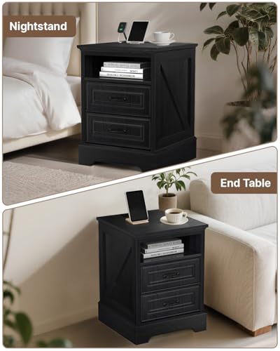 Image of Eongdon Nightstand with Charging Station, 18 inchW x 24 inchH Farmhouse Rustic Bedside End Table , 2 Storage Storage Drawers & Open Compartment, Wooden Side Cabinet for Bedroom, Entryway, Living Room (Black)