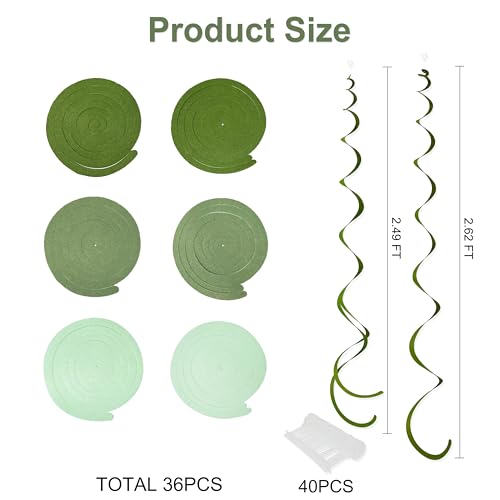 Image of 36Pcs Olive Green Hanging Swirl Decorations Ombre Sage Green Felt Swirl Streamer Spiral Ceiling Garland for Neutral Birthday Wedding Engagement Safari Jungle Woodland Party Supplies
