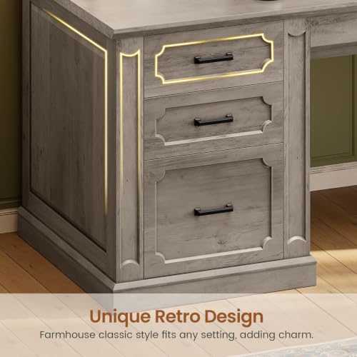 Image of SEDETA Farmhouse 70.9 inch Executive Desk, Home Office Desk with File Drawers and Storage Cabinet, Computer Desk with Power Outlet for Home Office, Work Study Writing, Gray