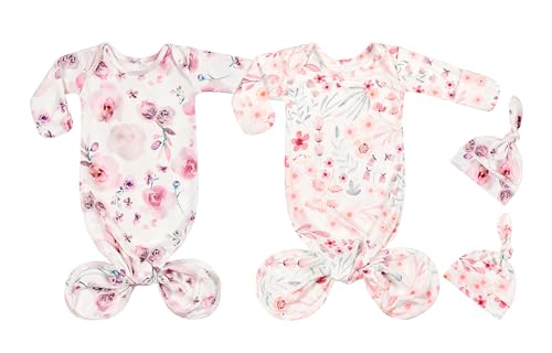 Image of Terriboo Newborn Baby Boy Long Sleeve Sleeper Gown with Mittens Knotted Gown Coming Home Outfit Nightgown Hat Set 2 Pieces