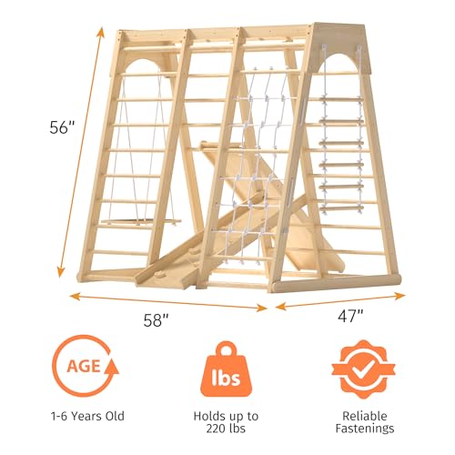 Image of Indoor Jungle Gym for Toddlers, 8-in-1 Wooden Montessori Climbing Toys with Slide, Swing, Rock Wall, Rope Ladder, Monkey Bars - Indoor Playground for Kids Ages 1-8