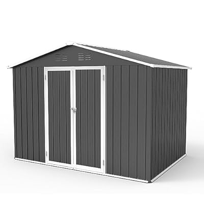 GLANZEND 6Ft x 8Ft Outdoor Metal Storage Shed, Anti-Corrosion Utility Garden Shed Tool House with Lockable Double Doors & Vents, Waterproof Storage for Backyard Patio Lawn, Grey&White