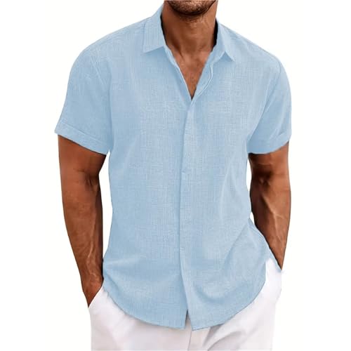 Men's Fashion Casual Solid Color Shirt Button Linen Cotton Short Sleeve Button-Down Shirt3