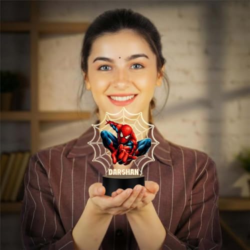 Image of Customized Spiderman LED Name Lamp | 3D Illusion Nightlight Superhero Themed Bedside Table Lamp for Children's Bedroom Gift for Boys & Marvel Fans | Warm White Light