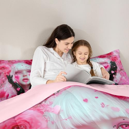 Image of Erosebridal Black and Pink Girl Bedding Sets Anime Gifts for Women Girls Romance Rose Girl Comforter Set Glitter Love Hearts Decor Duvet Insert Modern Lady Fashion Girls Bed Set King 3 Pieces