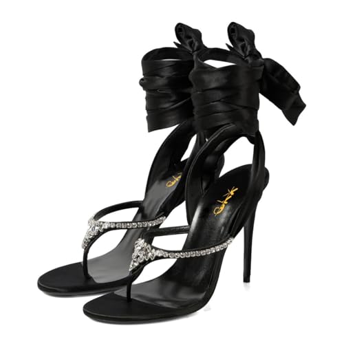XYD Women Open Split Toe Lace-up Ankle Strappy Sandals Rhinestones Studded Thong High Heels Evening Shoes2