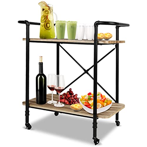 Ecomex Bar Cart, Industrial Kitchen Serving Cart, 2-Tier Modern Mobile Serving Cart With Wheels And Handle, Wooden Metal Serving Cart For Bar/Restaurant/Kitchen/Living Room #TOP8