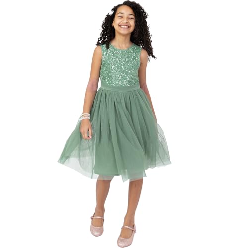 Maya Deluxe Mädchen Paillettenverziertes Hochzeit Und Geburtstag Festlich Mit Bandschleife Brautjungfernkleid Kleid, Deep Mint, 9-10 Jahre EU