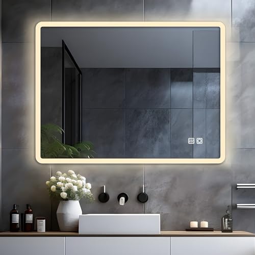 LISA Miroir de Salle de Bain LED 80 x 60 cm Miroir Lumineux Salle de Bain avec éclairage 800 x 600 mm Miroir Mural avec Tactile Blanc Chaud Anti-buée