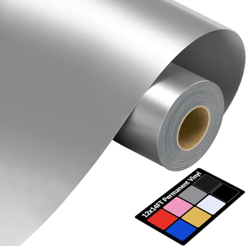 12 x 14FT Silver Vinyl - Glossy Sliver Permanent Vinyl with PET Backing [Easier Weed Never Residue] Permanent Adhesive for Cutting Machine Party Decoration Car Decal Signs Scrapbooking