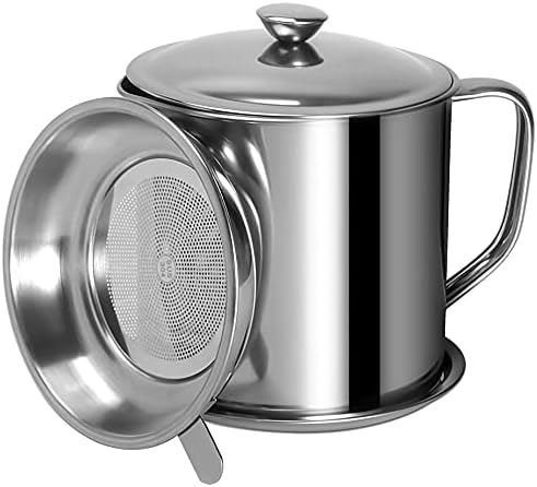 Bacon Grease Container with Strainer 1.25 L / 42 oz Stainless Steel Cooking Oil Keeper with Lid and Easy-Grip Handle Suitable for Storing Frying Oil and Cooking Grease