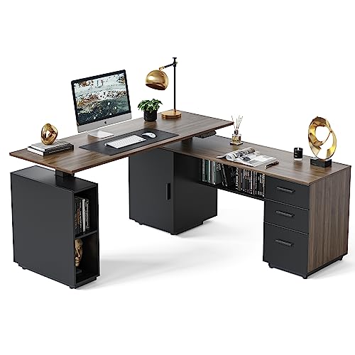 FEZIBO 63' L Shaped Standing Desk with Storage, Executive Height Adjustable Table, Deep Wood Grainy