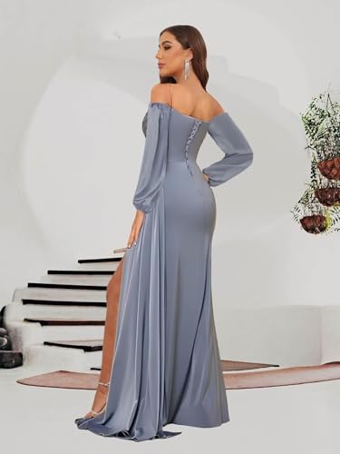 Women's Long Sleeve Bridesmaid Dresses Off The Shoulder Mermaid Ruched Satin Formal Prom Dress with Slit2