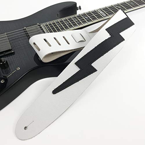 Perri's Leathers, The Famous Collection, Guitar Strap, Bowie Style Lightning Bolt Themed, Leather, Adjustable Electric/Acoustic/Bass Guitars, 41" To 56" Inches, Compatible With All Lock Systems, White #TOP3