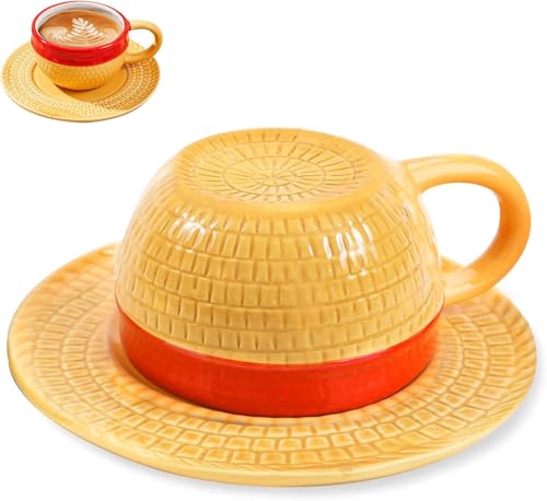 parknshop Anime Novelty Coffee Mugs Merch Straw Hat Coffee Mug Tumbler with Plate Ceramic Tea Milk coffee Cup Office Cup Gifts for Halloween Christmas Birthday Anniversary
