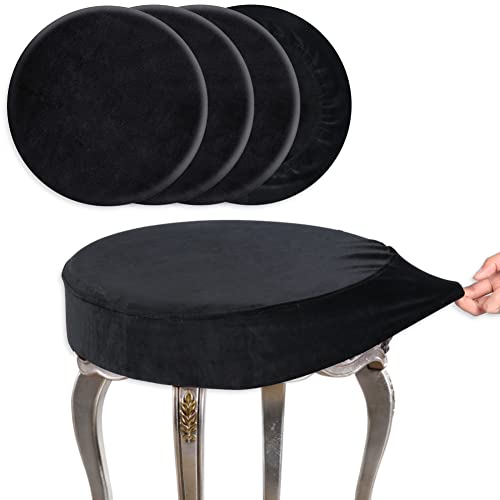 Image of SINOSSO Round Vanity Bench Covers Set of 4, Dia.(13 inch- 15.5 inch) Super Soft Velvet Stretch Washable Bar Stool Slipcover Seat Protector, (Round, Black, 4 Counts)