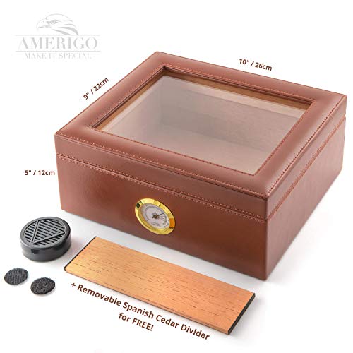 Amerigo Luxury Handcrafted Cigar Humidor - Leather Glass Top Cigar Box - Cigar Gifts for Men - Cigar Accessories - Humidor Humidifier with Cedar Core, Divider & Front Hygrometer - Holds 25-50 Cigars - Thumbnail 2