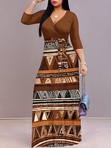 Image of PinkPatty Plus Size Maxi Dresses for Women Casual Flowy Long Dress 3 /4 Sleeve V Neck Wrap Dress with Belt