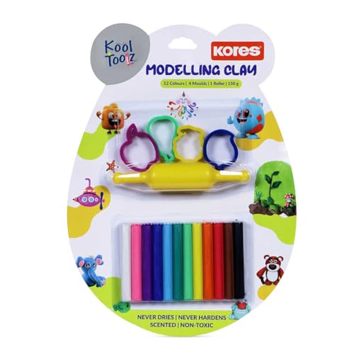 Image of Kores Modelling Clay Set (150g) | 12 Colours + 4 Shape Moulds + 1 Roller | Soft & Flexible | Never Dries, Never Hardens | Scented, Non-Toxic | Kids Craft & DIY Art