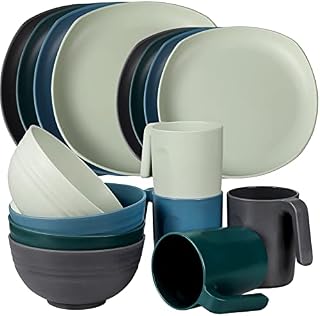 Greentainer Unbreakable Lightweight Dinnerware Sets, Plastic Dinner Set, 4 Dining Plates, 4 Bowls, 4 Cups, Microwave and Dishwasher Safe, Camping Tableware for Kids and Adults, Service for 4