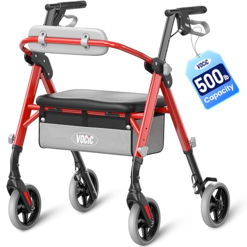 Image of VOCIC Z11 Rollator Walkers for Seniors with Seat, 500 LBS Load, Ultra Wide | High-capacity support, 23 inch wide frame, ergonomic seat, dual brakes, and slim fold for home, shopping & daily walks, Red