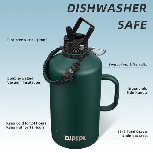 Image of BJPKPK 1 Gallon Water Bottle Insulated with Straw Lid, 128oz Large, Stainless Steel Water Bottles with 3 Lids and Paracord Strap, Double Wall Vacuum Metal Water Jug,Army Green