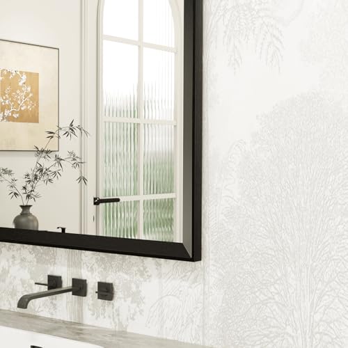 Image of WEER Black Bathroom Mirror, 56x76cm Faux Wood Frame Rectangular Wall Mirror