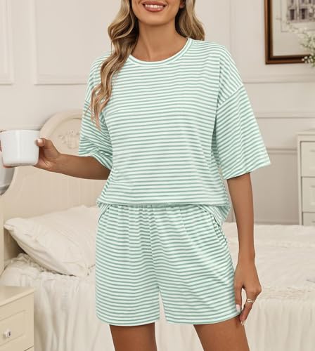 Image of RUEWEY Women Striped Pajama 3 /4 Sleeve Crew Neck Tops Shorts Lounge Set Pjs