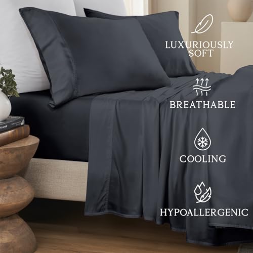 Image of KARISSA MAE Luxury Bamboo Viscose Split King Size Sheet Set, FSC Certified | Includes 2 Twin XL Fitted Sheets | Sleep Number & Adjustable Bed | Cooling | 18 inch Deep Pocket w / Corner Straps [Black]