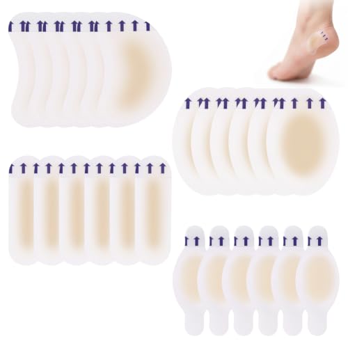 24 Piezas Apósitos para Ampollas y Rozaduras, Tiritas Hidrocoloides Transparentes para Pies y Talones, 4 Formas Variadas, Parches de Gel Impermeables para Prevención y Alivio del Dolor