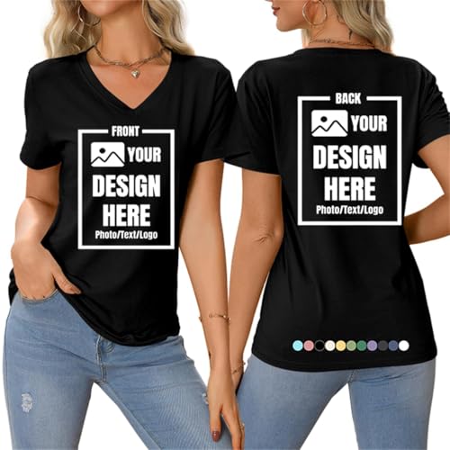Custom T Shirts Design Your Own, V Neck Tshirts Custom Front and Back Personalized Text/Logo/Image/Photo Printed Tops Black