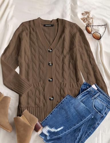 MEROKEETY Women's 2025 Fall Long Sleeve Cable Knit Cardigan Sweater Open Front Button Loose Outerwear Coffee