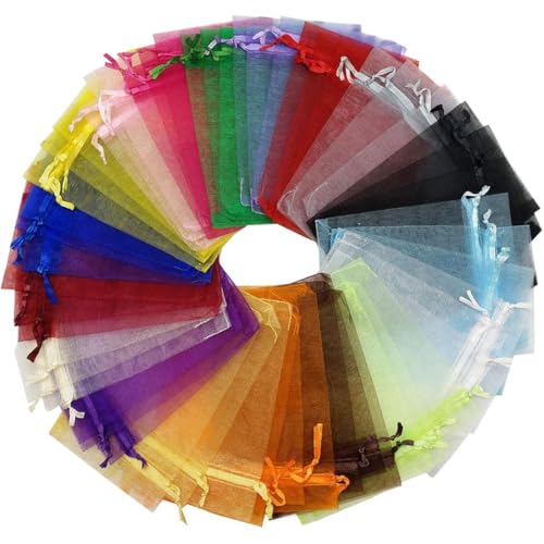 HUZNA 100 PCS 9x12cm Bolsa de Organza Coloridas,Bolsas de Organza Lavanda con Cordón,Regalo De Organza,Bolsas Pequeñas,para Joyas,Festivales,Bodas Favores y Dulce
