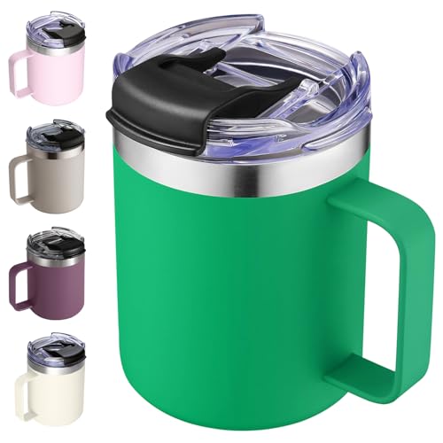 Image of 12 oz Insulated Coffee Mug Cup with Handle, Stainless Steel Travel Coffee Mug with Flip Lid, Double Wall Vacuum Coffee Tumbler, Meadow
