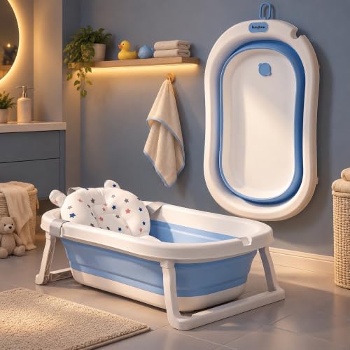 Baybee Bloom Pro Bath Tub for Baby 0 to 5 Years | Foldable Baby Bath Tub for Kids with Anti Skid Base & Drainer | Mini Swimming Pool for Babies | Bather & Bathtub for Newborn Boys Girls (Blue)