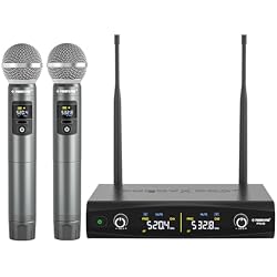 Phenyx Pro Wireless Microphone System, Metal Wireless Mic Set, Handheld Cordless Dynamic Microphones for Singing, Karaoke, Church, 2x30 UHF Tunable Frequencies,200 ft Range (PTU-52-2H)