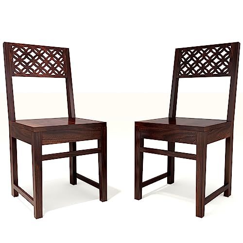 Image of Solid Sheesham Wood Set of Two Dining Chairs for Dining Room | Study Room | Office | Guest Room | Finish Color - Warm Chestnut Finish |