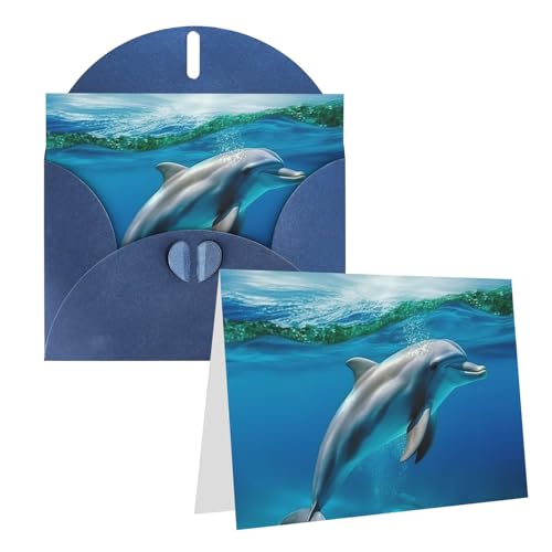 QMNEHJ グリーティングカード サンキューカード 封筒付き ブランクノートカード 4x6インチ バースデーカード 青い海のイルカ ウェディングカード お悔やみカード おもしろい思考カード あらゆる機会に