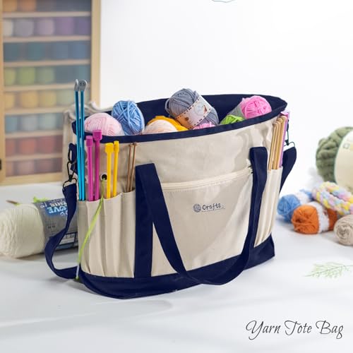 Image of MYBAGZING Canvas Yarn Storage Organizer Bag Washable Crochet Bag with Pockets for Yarn, Hooks, Needles - Travel Knitting Tote for Crafters - Gift for Crocheters & Knitters (Medium /Large)
