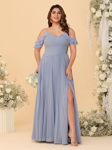 Miao Duo Women's Ruffle Off Shoulder Plus Size Bridesmaid Dresses with Slit Long V Neck Formal Gown with Pockets YZTS2663