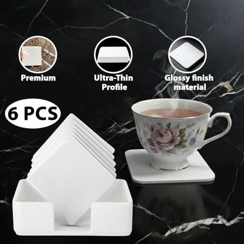 Image of Unbreakable Acrylic Coaster Set - 6 White Square Drink Coasters for Home Office, Gaming, and Study Decor - Stylish Moisture-Protecting Accessories for Tea and Coffee (White)