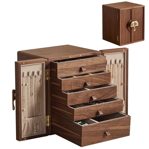 Baolivi Large Wooden Jewellery Organiser Box for Women, Walnut So...
