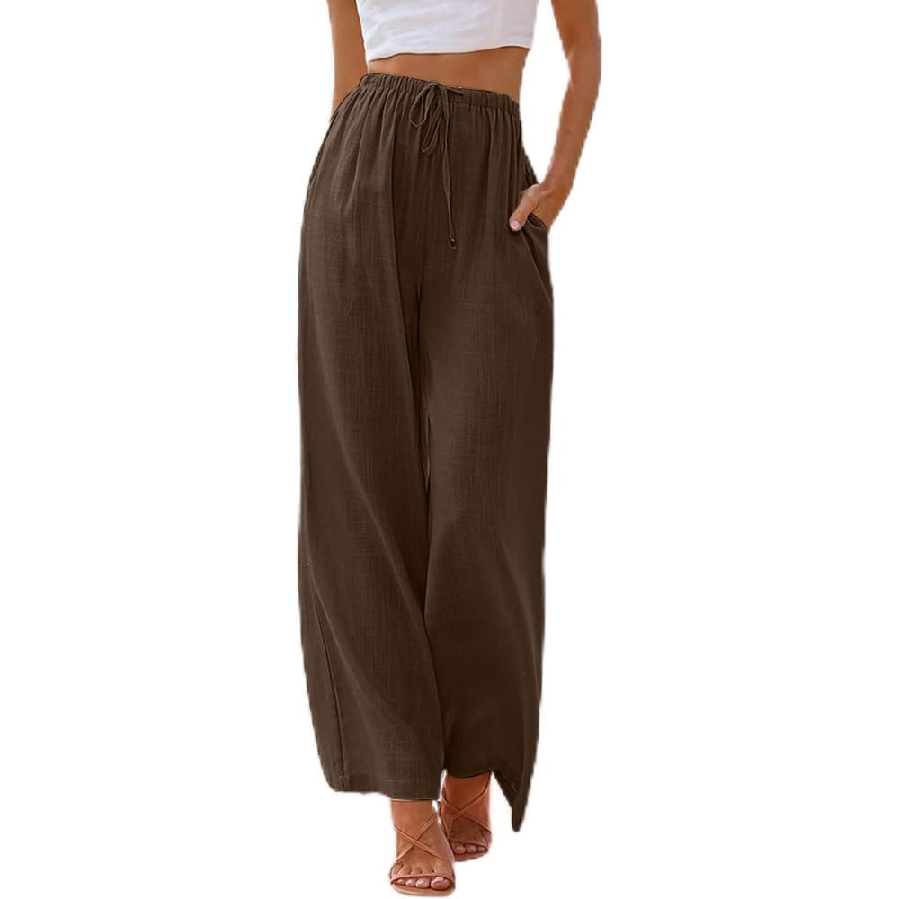 Calça feminina de algodão e linho Palazzo – Calças largas de verão com bolsos