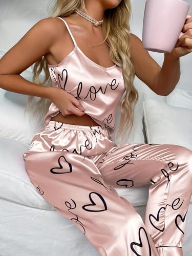 Women's Pink Heart Print Silk Satin Pajamas Sets Cami Shorts Sets Sleepwear4