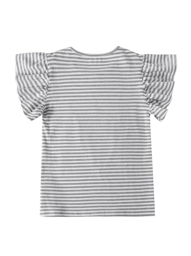 Image of Girls Star Striped Shirt Flutter Sleeve Top Cute Summer T Shirts Casual Tees Grey Star 7-8 Years