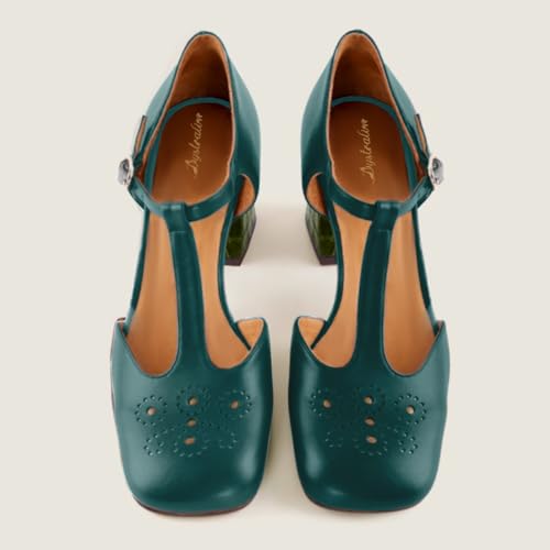 Women Chunky Heel Mary Jane Pumps Ankle T-Strap Mary Jane Heels Square Toe Crocodile Two Tone Dress Heeled Sandals 2” Block Heel Mary Janes Cut Out Sandals Patchwork Party 4-11 M US2