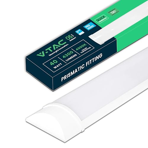 V-TAC våtrum, LED, 120 cm – 40 W – med Samsung-chip, rektangulär lampa, 4300 lumen, IP20 för vägg, garage, butik – LED-rör – prismatisk taklampa, LED, ljus, 4000 K, neutral vit