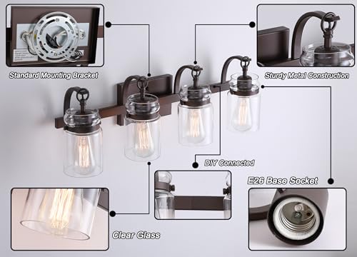 Image of 4 Light Bathroom Vanity Light, Oil Rubbed Bronze Bathroom Light Fixtures Over Mirror, Farmhouse Vanity Light with Clear Glass Shade